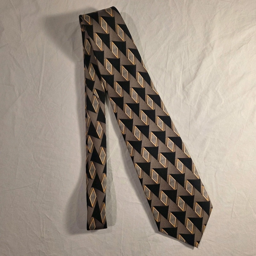 Firenze 100% Silk Tie Men's Necktie Geometric Print, Black Brown Gold